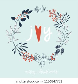 Winter leaves round frame. Wreath of winter branches. Christmas card. Vector illustration on blue background