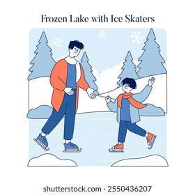 Concepto de ocio de invierno. Un adulto y un niño disfrutan patinando sobre hielo en un lago congelado entre copos de nieve y pinos. Actividad al aire libre estacional. Ilustración vectorial.