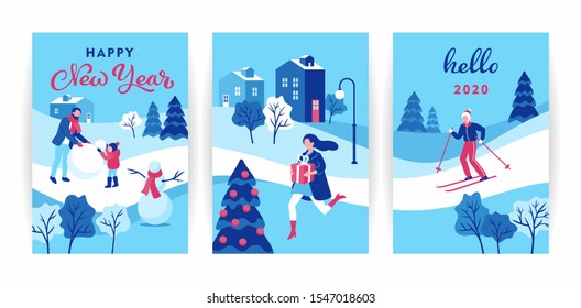 Winter leisure outside vector illustration. New Year and Christmas card set. People in a town park.