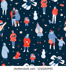 Winter leisure. Various people. Hand drawn colored vector seamless pattern. Dark background