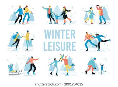 Winter leisure vector scene set. Happy family skater having fun outdoors on wintertime holidays vacation