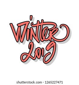 Winter lettering 2019. Handmade vector calligraphy in coral color for banner, poster, logo, postcard, greeting card.