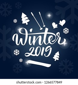 Winter lettering with christmas trees, snowman, snowflakes, christmas toys. Vector handmade calligraphy for banner, poster, greeting card.