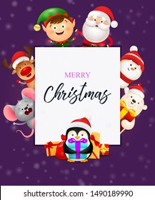 Winter lettering with cute penguin. Christmas festive banner design in frame with smiling cartoon characters on purple background. Lettering can be used for gift card, placard, invitation