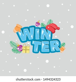 Winter lettering. "Frozen letters" of winter, with different seasonal attributes (red cap, mittens, Christmas tree decoration, presents).