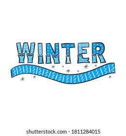 Winter lettering with hand-drawn Snowflakes and scarf. Blue frozen logo for card or banner. Vector illustration on white background
