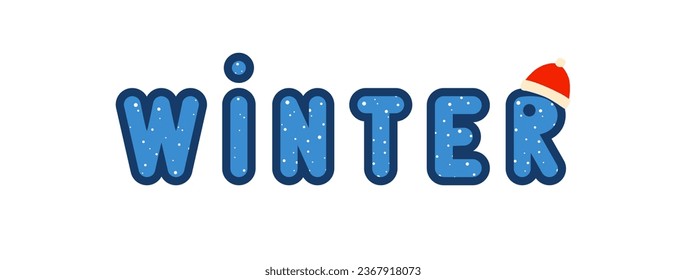 Grabado de invierno. Inscripción con texto Invierno. Letras de color azul con un patrón de copos de nieve. Dibujo. Cartel, fondo aislado en blanco.