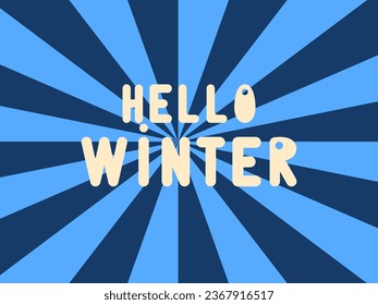 Winter lettering on groovy hypnotic background. Inscription with text Hello Winter. Groovy white letters. Drawing. Typography. Psychedelic banner, background, postcard. 