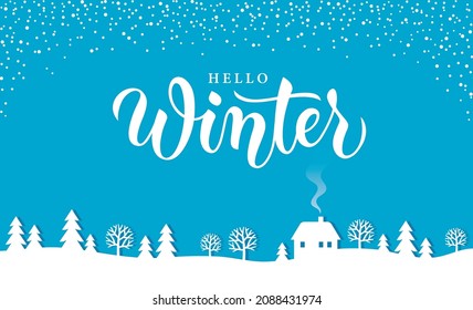 Winter lettering and papercut landscape. Christmas illustration, background, banner design in vector.