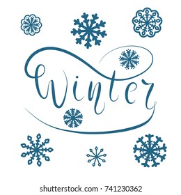 Winter. Lettering. Snowflakes set. Background for Christmas, New Year greeting cards. 