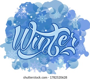winter lettering typography. Modern calligraphy vector illustration on the textured background as poster, postcard, card, invitation template. Concept seasons greetings, advertising