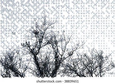 Winter letters composing landscape with branches..