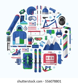 Winter lifestyle background card with different snow activities elements stylized in circle. Winter sports collection with snowboarding and skiing equipment in flat design. Snow games icon vector set.