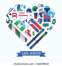 Winter lifestyle background card with different snow activities elements stylized in heart. Winter sports collection with snowboarding and skiing equipment in flat design. Snow games icons vector set.