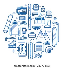 Winter lifestyle background with different snow activities line art elements stylized in circle. Winter sports card with snowboarding and skiing equipment in outline design. Snow games icon set.