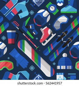 Winter lifestyle seamless background with skiing and snowboarding equipment. Winter sports pattern with snow activity icons including snowboard, ski, skates. Extreme sport and activity gear texture.