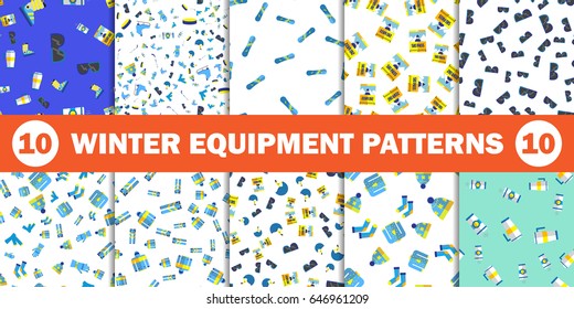 Winter lifestyle seamless background with skiing and snowboarding equipment. Sports pattern with snow activity flat icons including snowboard, ski, skates.