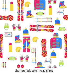 Winter lifestyle seamless background with skiing and snowboarding equipment. Winter sports pattern with snow activity icons
