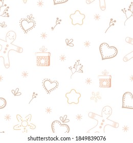 Winter light background with gingerbread. Beige and pink. Seamless pattern. Vector background. Christmas repeating texture for surface designs, wallpapers, fabrics, wrapping paper, and more.