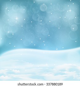 Winter light blue background. Falling snow. Blurred vector background with bokeh
