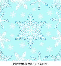 Winter light blue background with snowflakes ornament. Seamless pattern vector illustration for winter decorations.