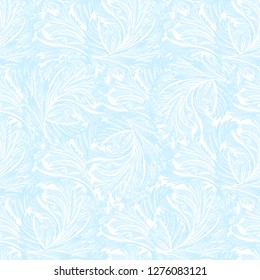 Winter light blue frozen glass seamless pattern background. For winter printable design. Cyan frost pattern with cold winter ice ornament, hoarfrost texture decor background. Vector illustration.