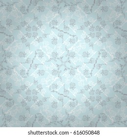 Winter light blue and gray ornamental seamless pattern in magnolia style. Vivid, symmetrical design for packing-paper, fabric, web or other purpose. Clean mosaic repeatable backdrop.