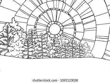 Winter line art design for coloring book. Pine trees and abstract sun. Snowy landscape