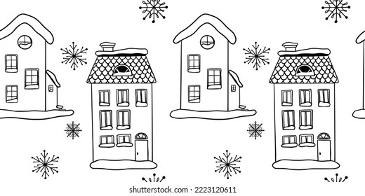 Winter line drawing doodle seamless pattern christmas cottage europe city snowy weather street