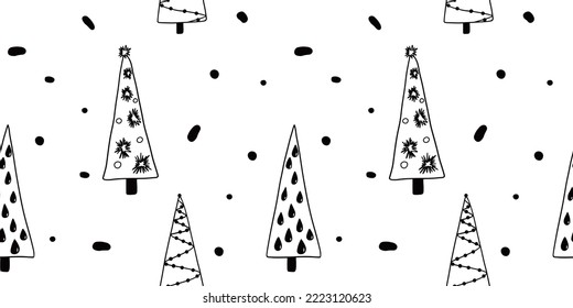 Winter line drawing doodle seamless pattern christmas fir tree snowflakes