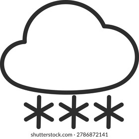 Winter line icon of a dense weather cloud raining down delicate geometrical snowflake crystals. Great for seasonal winter blizzard weather forecasting alerts, arctic frost temperature warning notifications, ski resort snow condition reports, and holiday Christmas greeting card designs.