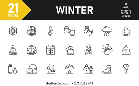 Winter line icon set. Set of 21 outline icons related to winter, jackets, warm clothes, Christmas, snow, new year, hot drink, cold and others. Editable stroke. Vector illustration.