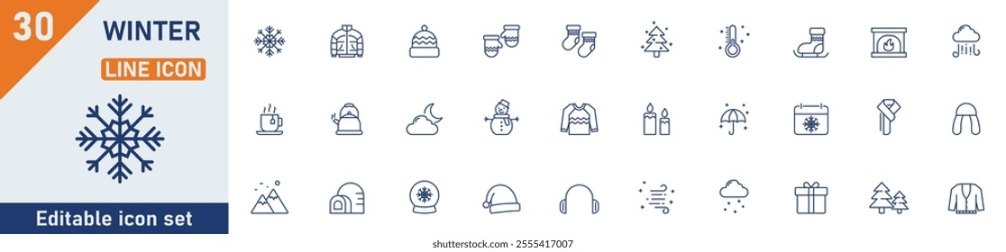 Winter line icon set. Set of 30 outline icons related to winter, snow, snowflake, snowman, jackets, warm clothes, christmas, new year and others. Editable stroke. Vector illustration.