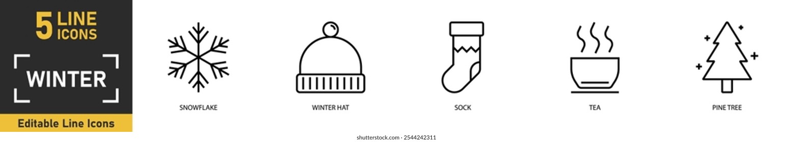 Winter line icon set. Set of 5 outline icons related to snowflake, winter hat, sock, tea, pine tree and more. Vector illustration.