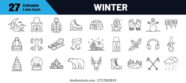 Symbolsatz für Winterzeile. Bearbeitbare Strichsymbole. Vektorgrafik.