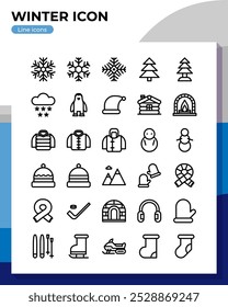 Winter line icon set. Icon of snowflake, fir tree, jacket, hat, socks, and more. Line icons flat vector illustrations isolated on white transparent background