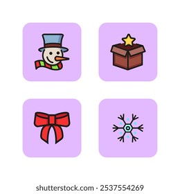 Winter line icon set. Snowman with scarf and hat, star appearing from box, tied bow, creative snowflake. Holiday concept. Vector illustration can be used for Christmas, New Year, season