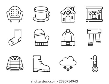 Winter line icon set. Snowy house, fireplace, armchair, cup, sock, glove, beanie, scarf, jacket, boot, snow cloud, thermometer.