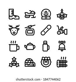 Winter Line Icons Including Ski Boot, Snow Mobile, Snow Globe, Candle, Reindeer, Cable Car, Snowboard, Snow Blower, Hot Drink, Tea Pot, Thermos, Christmas Bell, Mistletoe, Igloo, Wreath, Heater