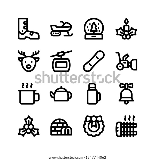 Winter Line Icons Including Ski Boot, Snow Mobile,\
Snow Globe, Candle, Reindeer, Cable Car, Snowboard, Snow Blower,\
Hot Drink, Tea Pot, Thermos, Christmas Bell, Mistletoe, Igloo,\
Wreath, Heater