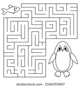 Winter line maze game for kids. Cute penguin looking for a way to the fish. Printable worksheet with solution for school and preschool. Vector cartoon illustration.