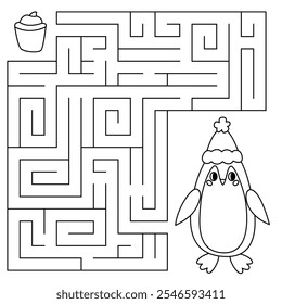 Winter line maze game for kids. Cute penguin looking for a way to the cupcake. Printable worksheet with solution for school and preschool. Vector cartoon illustration.