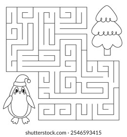 Winter line maze game for kids. Cute penguin looking for a way to the christmas tree. Printable worksheet with solution for school and preschool. Vector cartoon illustration.