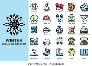 winter lineal color icons set. contain snowflake, snowman, ice skates, ski, scarf, ski lift, snow globe, icicles, coat, blanket and more. use for modern concept, web and app development. Vector EPS 10