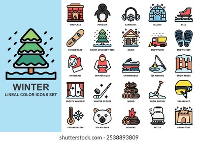 Conjunto de iconos de color lineal de invierno. contiene chimenea, pingüino, orejeras, tabla de snowboard, árboles cubiertos de nieve, cabina, quitanieves, raquetas de nieve y más. uso para el concepto moderno, Web y desarrollo App. Vector EPS 10