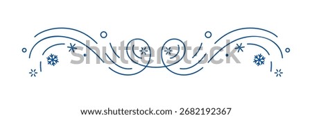Winter linear divider. Holiday filigree border with snowflakes.