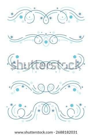 Winter linear dividers set. Holiday filigree borders with snowflakes.