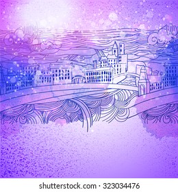 Winter linear drawing city with snow background . Sketch art. Hand drawing vintage illustration for holidays and party invitations. 
