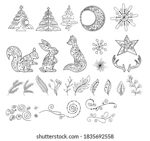 Winter linear hand drawn clipart for decoration with fox, squirell, hare, snowflake, Christmas tree. Winter season outline clipart set. Vector set of christmas elements for greeting card or poster