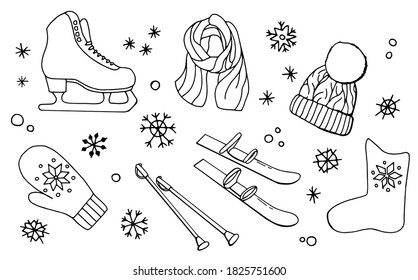 Winter linear. Skate, skis, scarf, hat, felt boot, mitten, snowflakes, snowballs. White background, isolate. Stock illustration.
